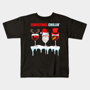 Christmas Chillin', Chilling, Santa, Frosty The Snowman, Rudolf The Red Nose Reindeer, Wine, Wine Lover, Snow, Ice, Winter, Wine Glass Kids T-Shirt